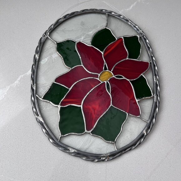 Poinsettia Christmas Floral Painted Suncatcher Oval 2-Loop Hanging Stained Glass - Picture 4 of 6